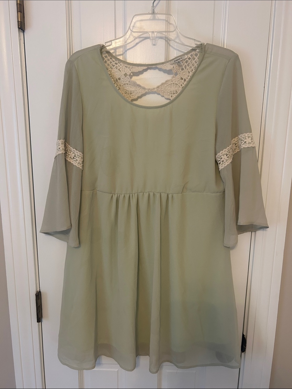 JODIFL Light Sage Green Dress with Cream Crochet Detail